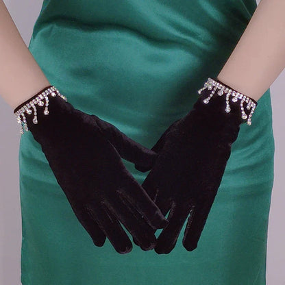 Golden Velvet Tassel Rhinestone Full Finger Christmas Glove For Makeup Party Opera Dance Black /