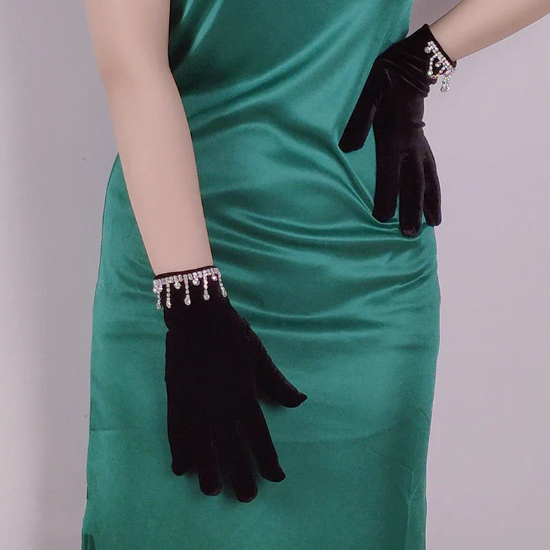 Golden Velvet Tassel Rhinestone Full Finger Christmas Glove For Makeup Party Opera Dance Gloves-L