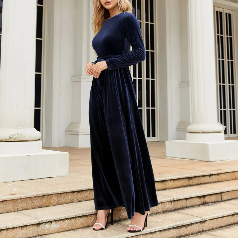 Autumn New Green Velvet Long Dress Elegant Vintage O-Neck Lace-Up Christmas Party Blue / S Dresses-L