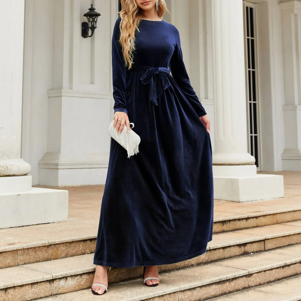 Autumn New Green Velvet Long Dress Elegant Vintage O-Neck Lace-Up Christmas Party Dresses-L