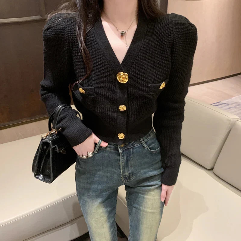 V-Neck Long Sleeved Cardigan Jacket Warm Black Red Christmas Sweater Sweaters-L