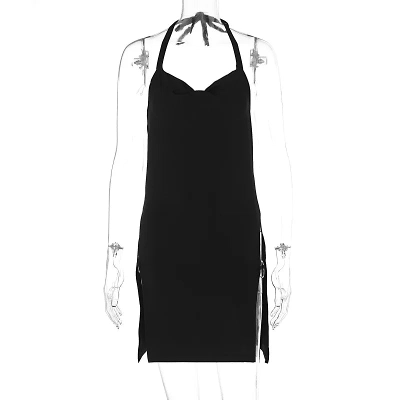 Julia Fashion - Black Lace-up Halter Split Maxi Elegant Casual Women's Mini Dress