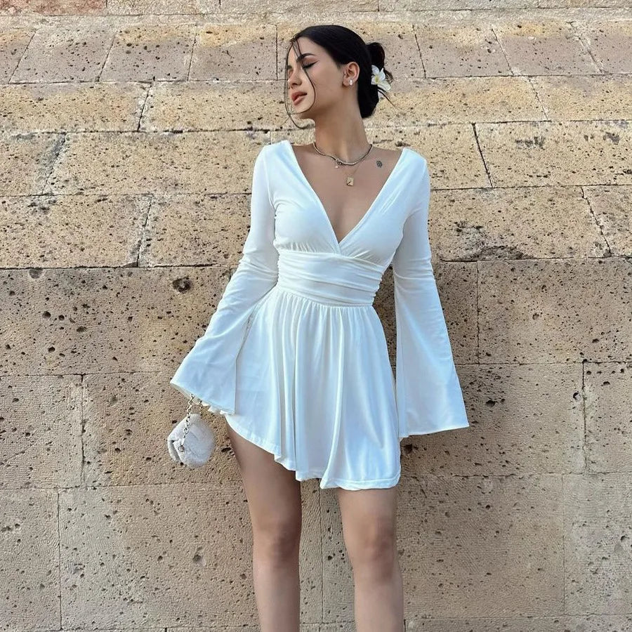 Julia Fashion - Sexy Halterless Waist V-neck Long-sleeved Mini Dress