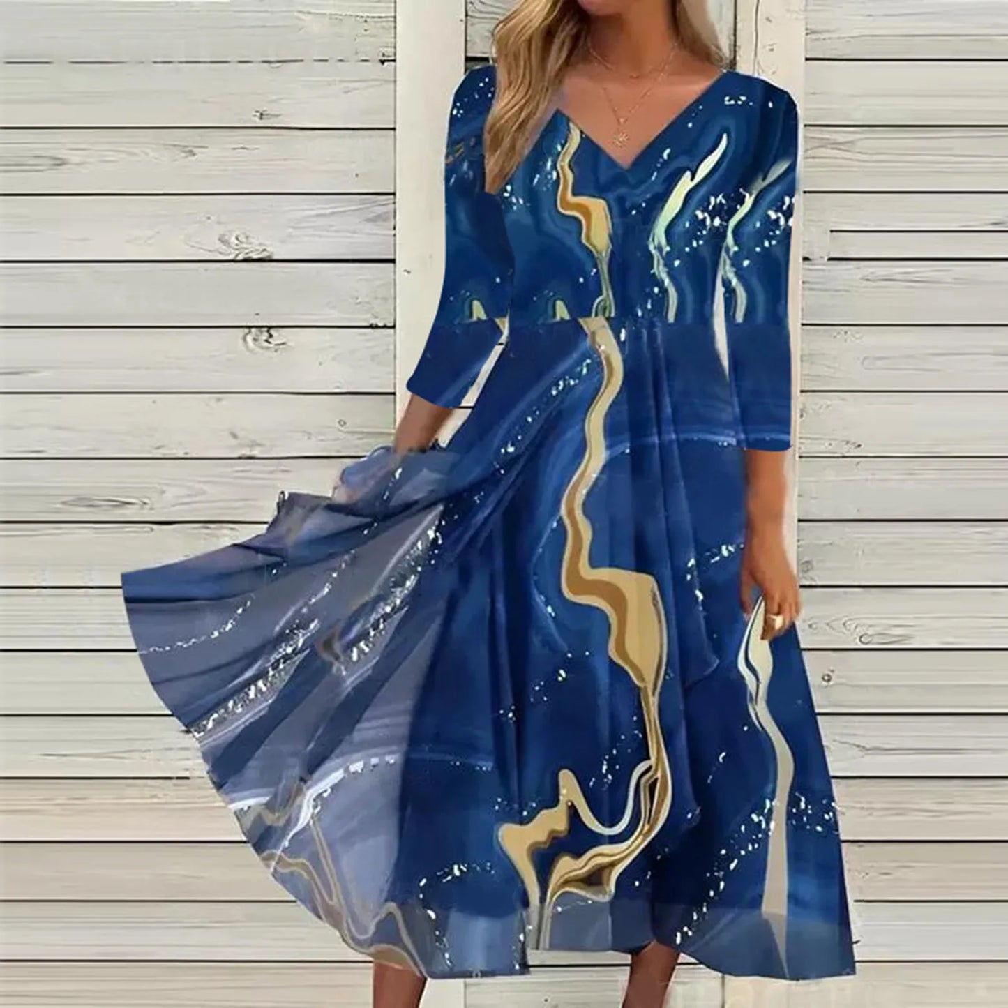 Casual Fashion Chiffon V Neck Long Sleeved With Large Hem Spring Vintage Printed Long Maxi Vestidos Mujer Dress
