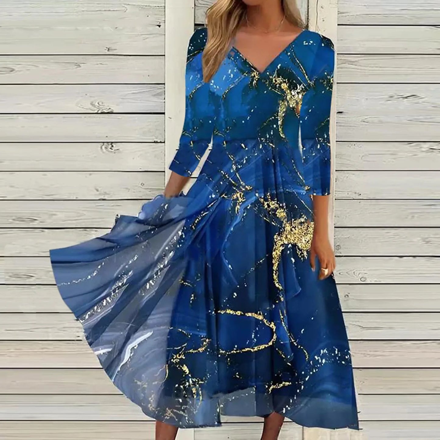 Casual Fashion Chiffon V Neck Long Sleeved With Large Hem Spring Vintage Printed Long Maxi Vestidos Mujer Dress