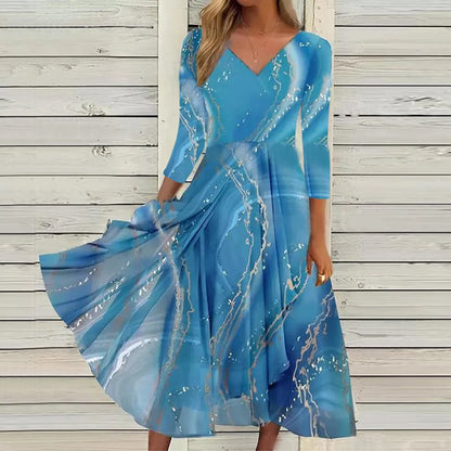Casual Fashion Chiffon V Neck Long Sleeved With Large Hem Spring Vintage Printed Long Maxi Vestidos Mujer Dress