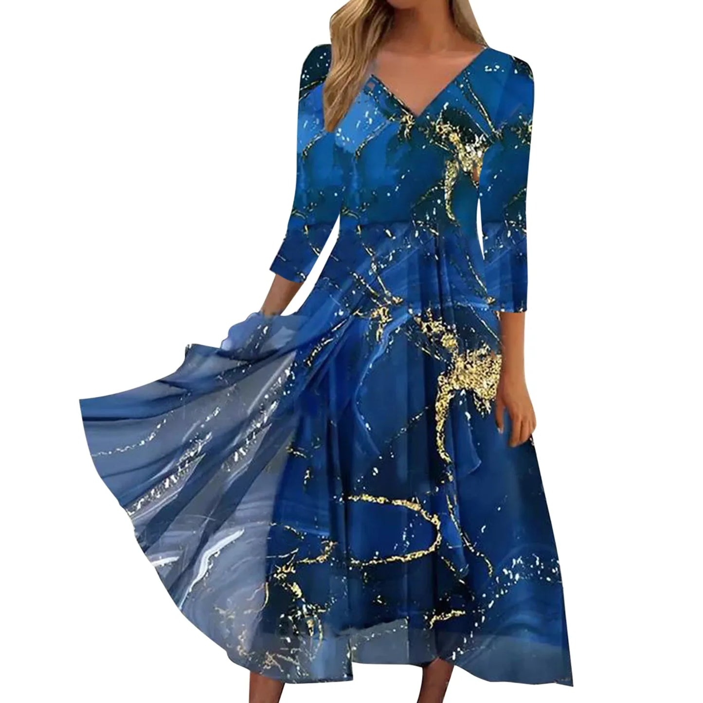 Casual Fashion Chiffon V Neck Long Sleeved With Large Hem Spring Vintage Printed Long Maxi Vestidos Mujer Dress