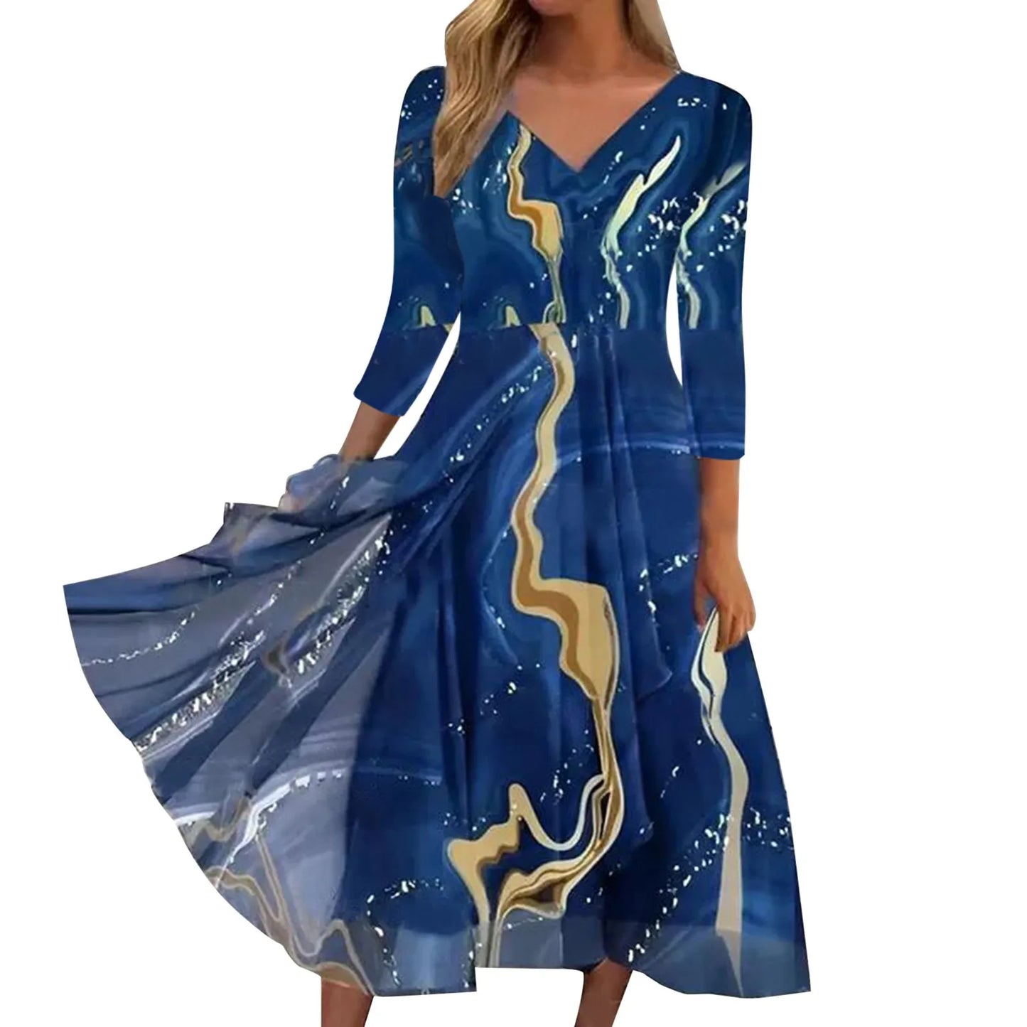 Casual Fashion Chiffon V Neck Long Sleeved With Large Hem Spring Vintage Printed Long Maxi Vestidos Mujer Dress