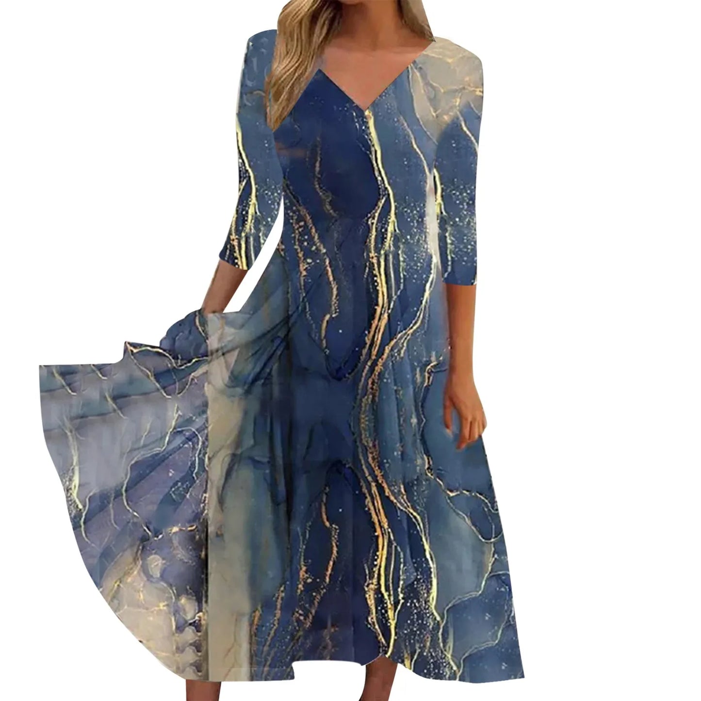 Casual Fashion Chiffon V Neck Long Sleeved With Large Hem Spring Vintage Printed Long Maxi Vestidos Mujer Dress