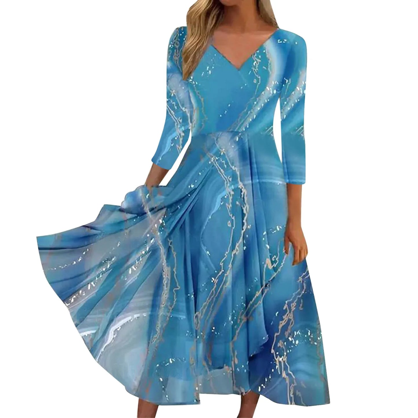 Casual Fashion Chiffon V Neck Long Sleeved With Large Hem Spring Vintage Printed Long Maxi Vestidos Mujer Dress