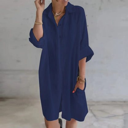 JuliaFashion - Women's Casual Loose Solid Color Cotton Linen Pockets Long Shirt Female Casual Elegant Loose Midi Harajuku Dress