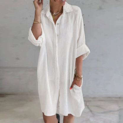 JuliaFashion - Women's Casual Loose Solid Color Cotton Linen Pockets Long Shirt Female Casual Elegant Loose Midi Harajuku Dress