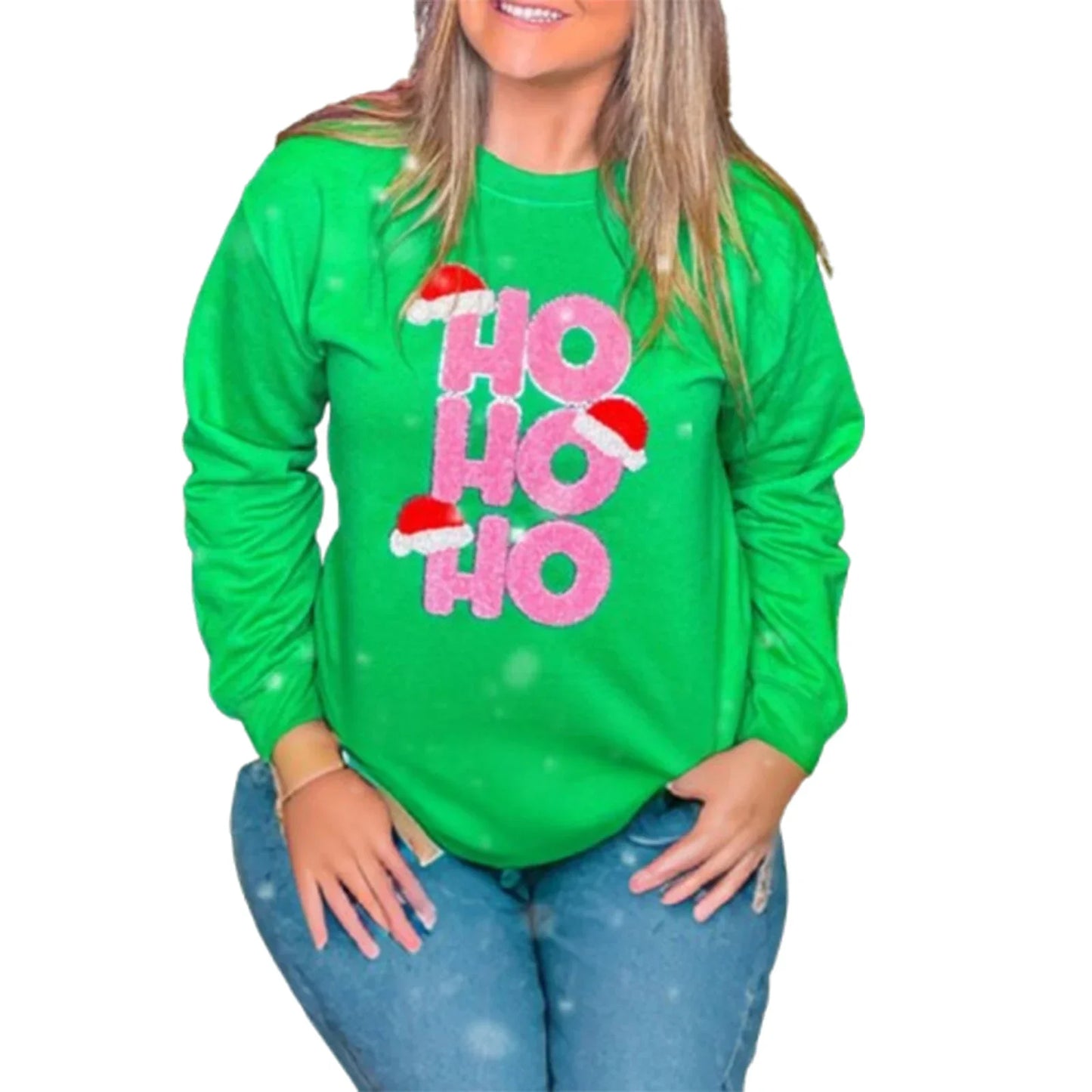 Loose Pullover Snowflake Letter Embroidery Crew Neck Long Sleeve Christmas Hoodie Green / S
