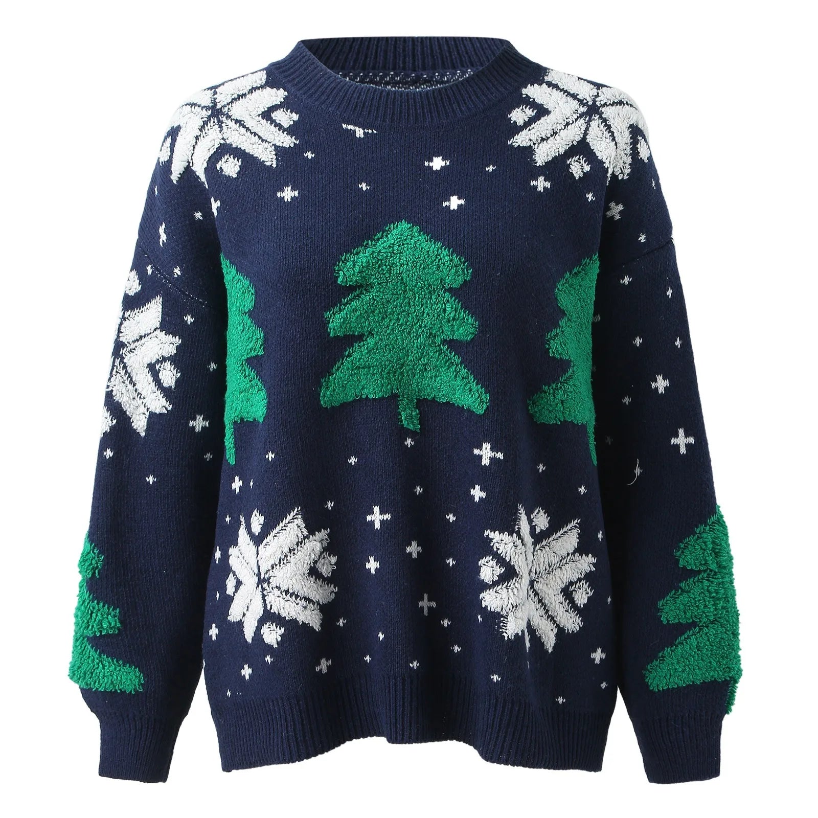 Christmas Tree Print Round Neck Long Sleeve Warm Knitwear Casual Sweater Sweaters-L