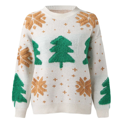 Christmas Tree Print Round Neck Long Sleeve Warm Knitwear Casual Sweater Sweaters-L