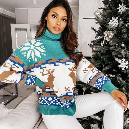 Striped Oversized Elk Long Neck Christmas Pullover Sweater Sweaters-L