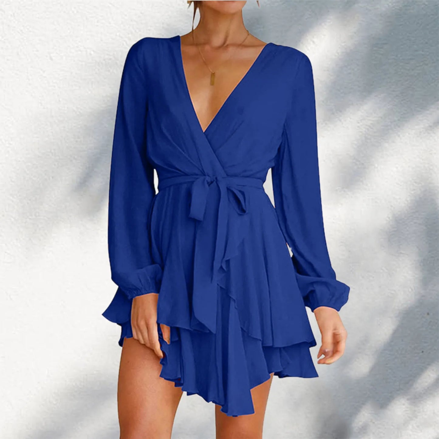 JuliaFashion - Deep V-Neck Full Sleeve Waist Tie Ruffle Swing Short Skater Party Solid Color Casual Summer Spring Mini Dress