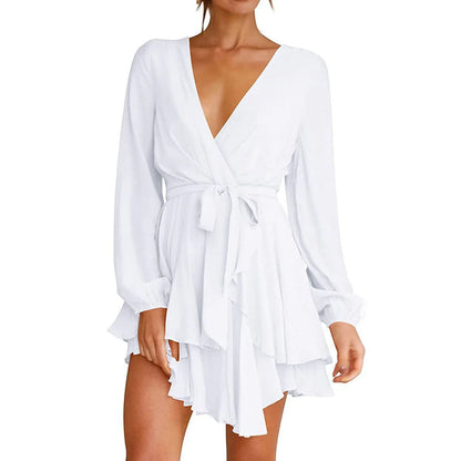 JuliaFashion - Deep V-Neck Full Sleeve Waist Tie Ruffle Swing Short Skater Party Solid Color Casual Summer Spring Mini Dress