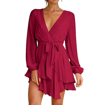 JuliaFashion - Deep V-Neck Full Sleeve Waist Tie Ruffle Swing Short Skater Party Solid Color Casual Summer Spring Mini Dress