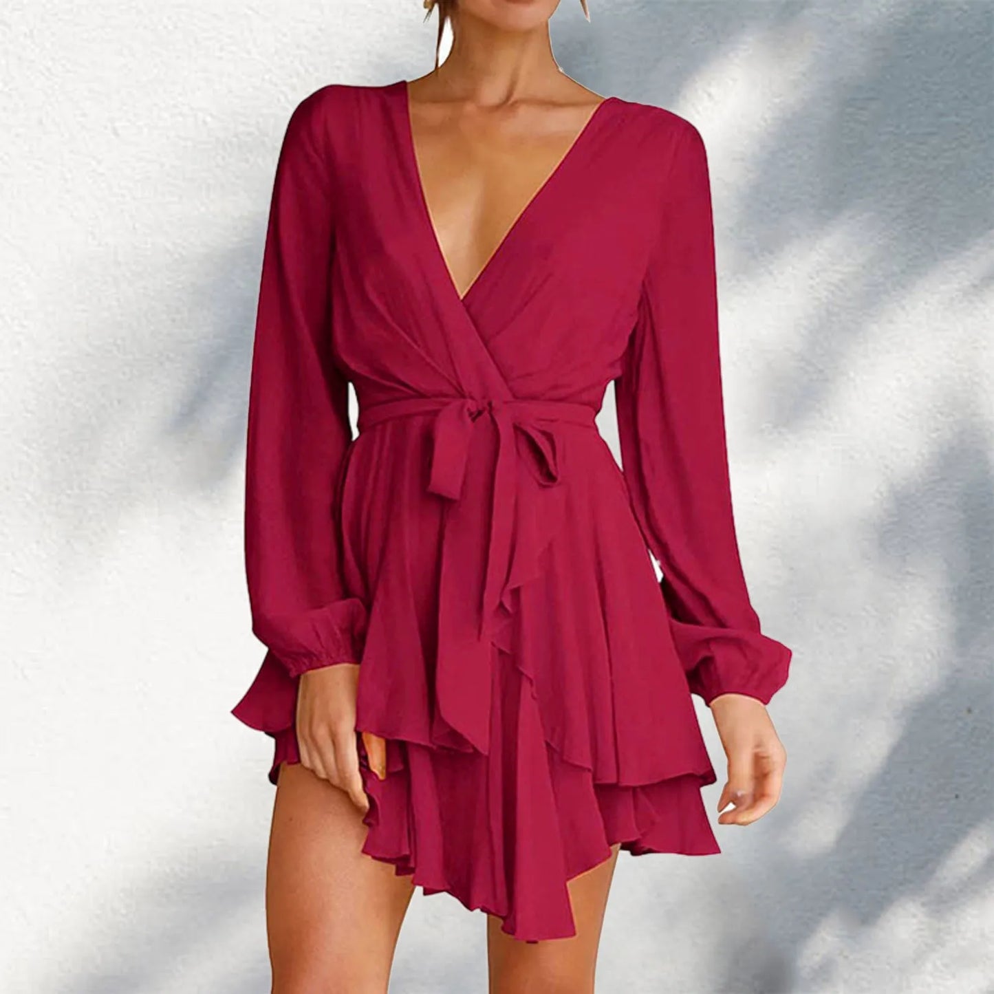 JuliaFashion - Deep V-Neck Full Sleeve Waist Tie Ruffle Swing Short Skater Party Solid Color Casual Summer Spring Mini Dress