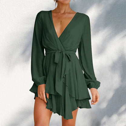 JuliaFashion - Deep V-Neck Full Sleeve Waist Tie Ruffle Swing Short Skater Party Solid Color Casual Summer Spring Mini Dress