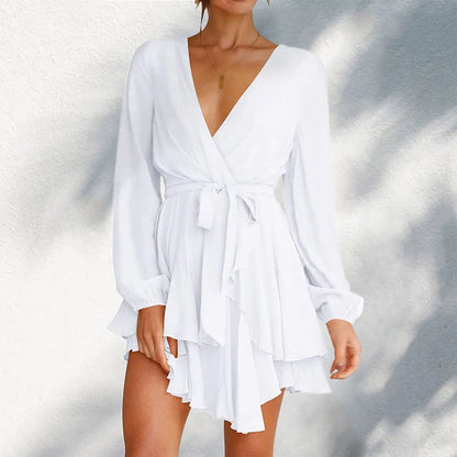 JuliaFashion - Deep V-Neck Full Sleeve Waist Tie Ruffle Swing Short Skater Party Solid Color Casual Summer Spring Mini Dress