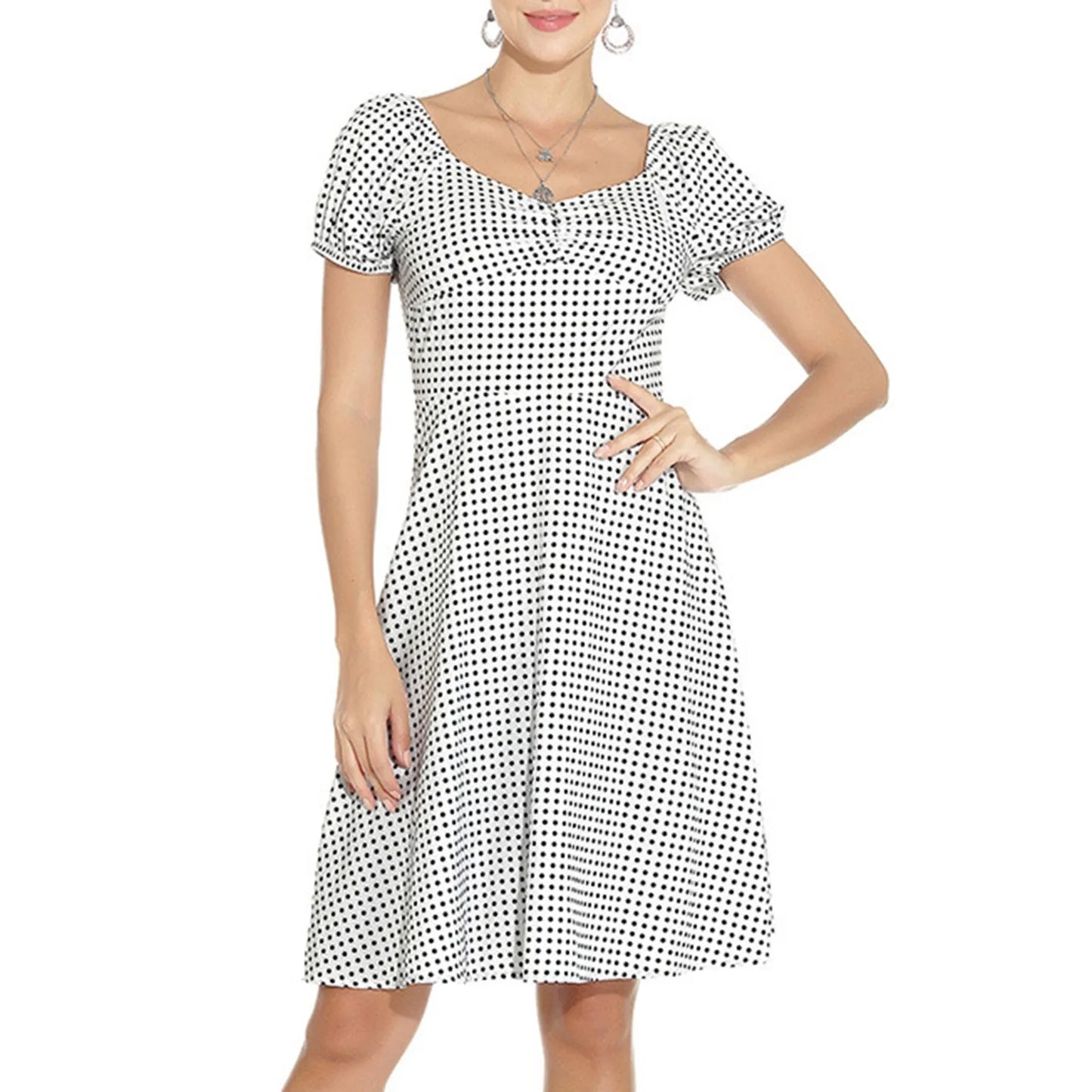 JuliaFashion - New Square Neck Puff Short Sleeve Elastic Shirred Slim Swing Midi French Style Polka Dot A Line Dress