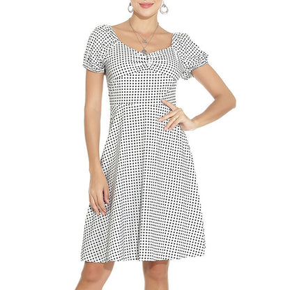 JuliaFashion - New Square Neck Puff Short Sleeve Elastic Shirred Slim Swing Midi French Style Polka Dot A Line Dress