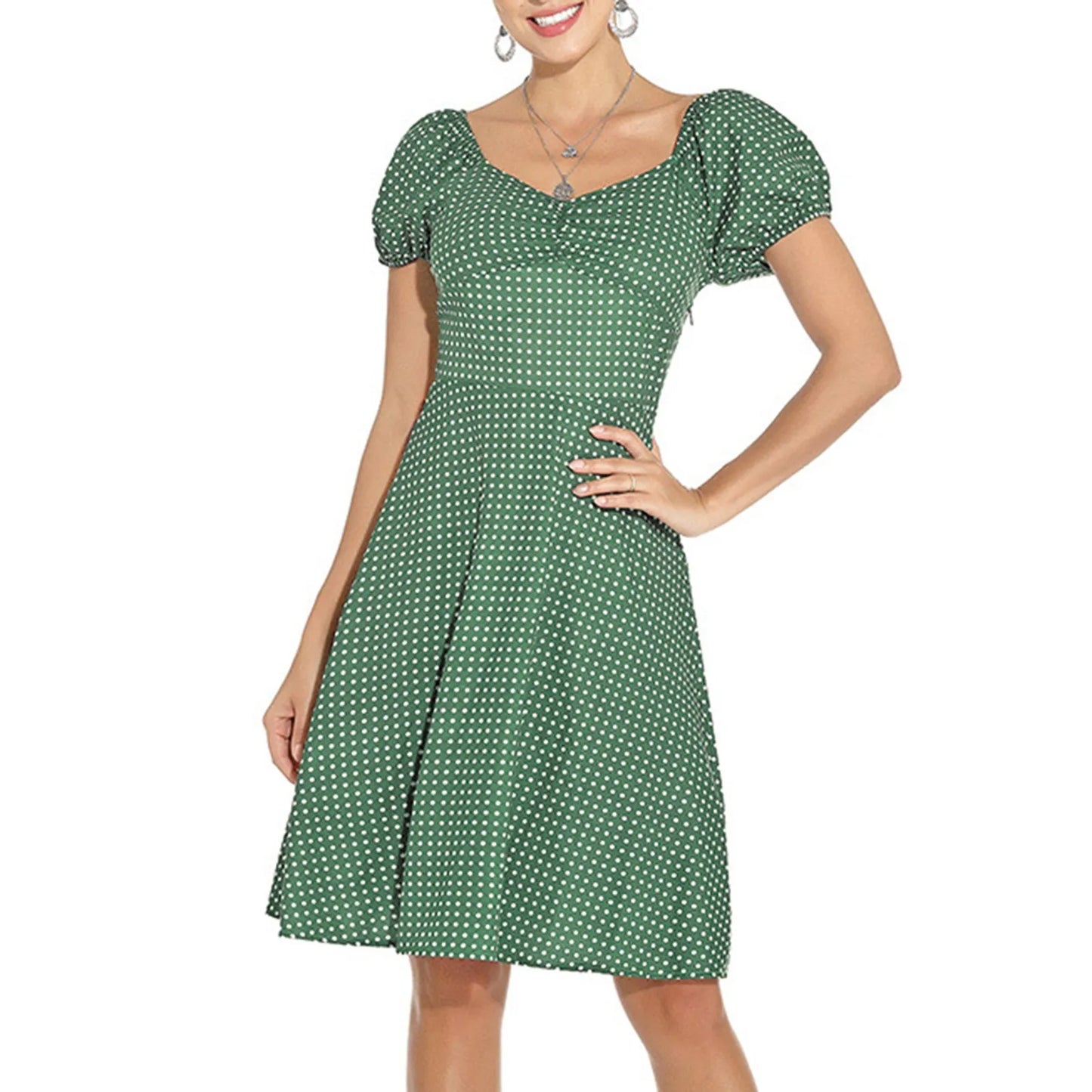 JuliaFashion - New Square Neck Puff Short Sleeve Elastic Shirred Slim Swing Midi French Style Polka Dot A Line Dress