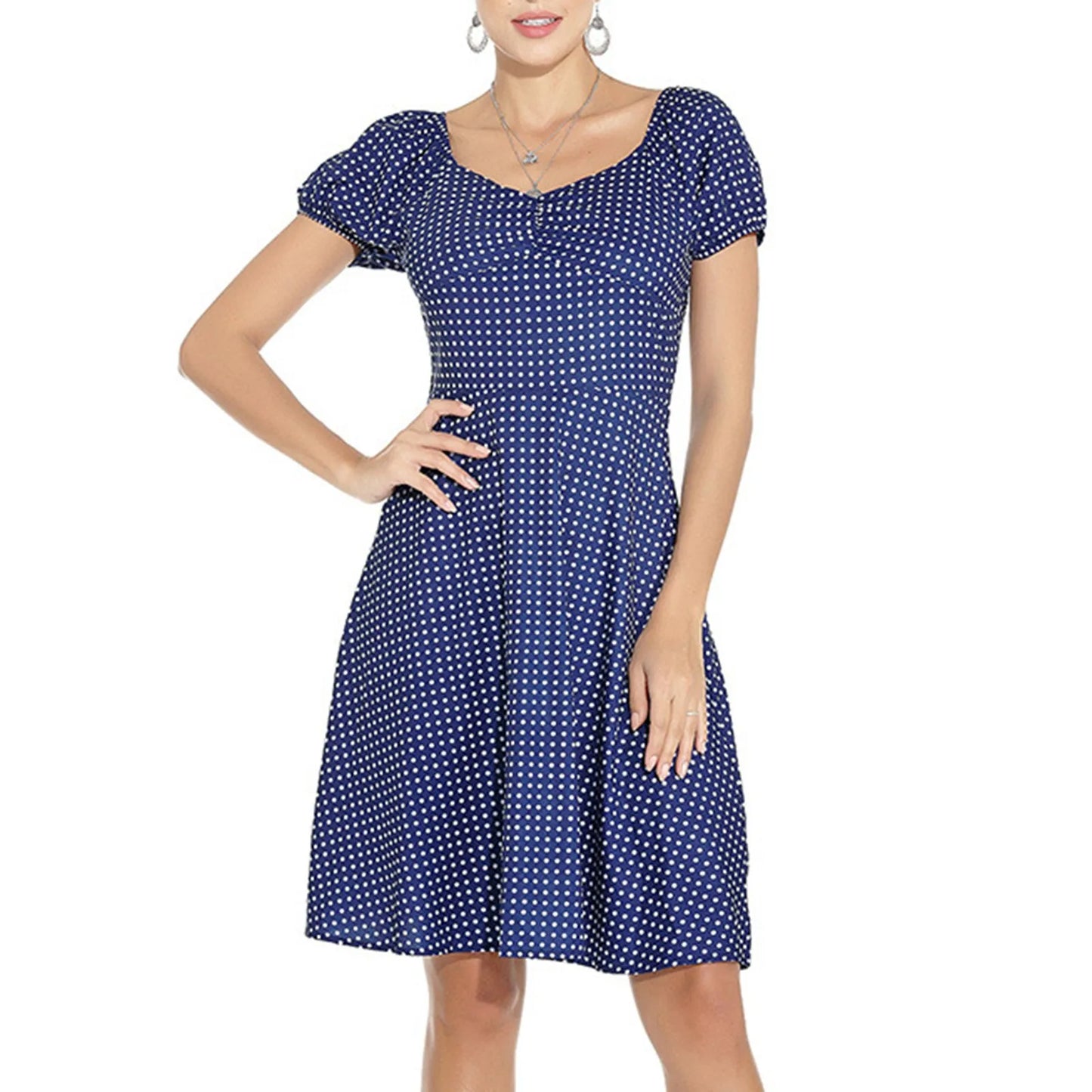 JuliaFashion - New Square Neck Puff Short Sleeve Elastic Shirred Slim Swing Midi French Style Polka Dot A Line Dress