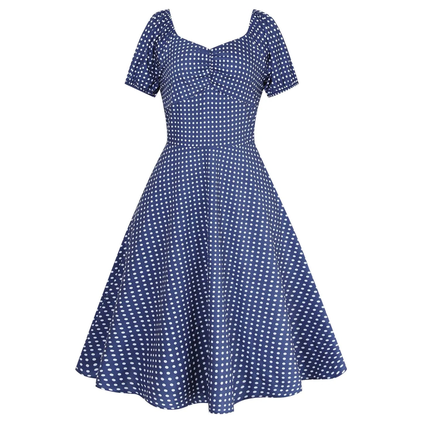 JuliaFashion - New Square Neck Puff Short Sleeve Elastic Shirred Slim Swing Midi French Style Polka Dot A Line Dress