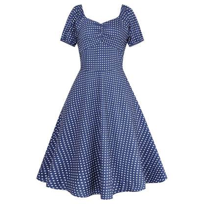 JuliaFashion - New Square Neck Puff Short Sleeve Elastic Shirred Slim Swing Midi French Style Polka Dot A Line Dress