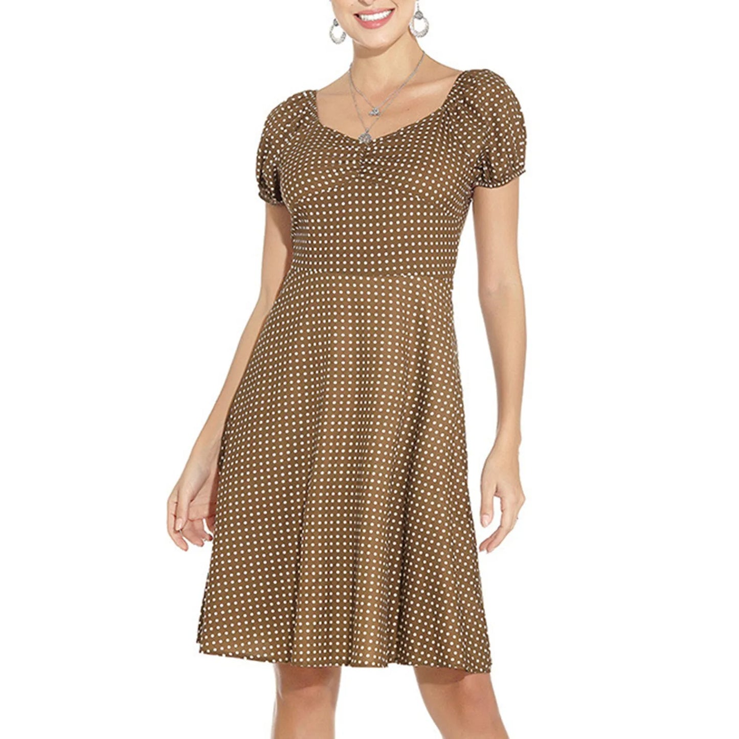 JuliaFashion - New Square Neck Puff Short Sleeve Elastic Shirred Slim Swing Midi French Style Polka Dot A Line Dress