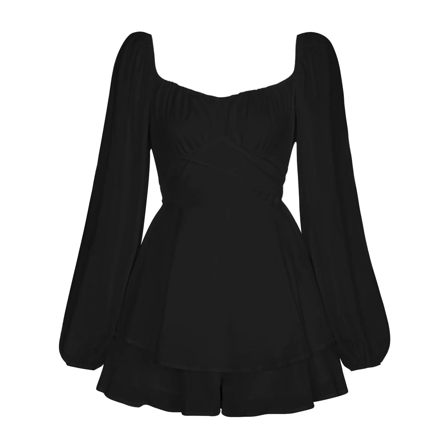 Julia Fashion - Solid Color Lantern Sleeve Ruffled Shorts Women's Mini Dress