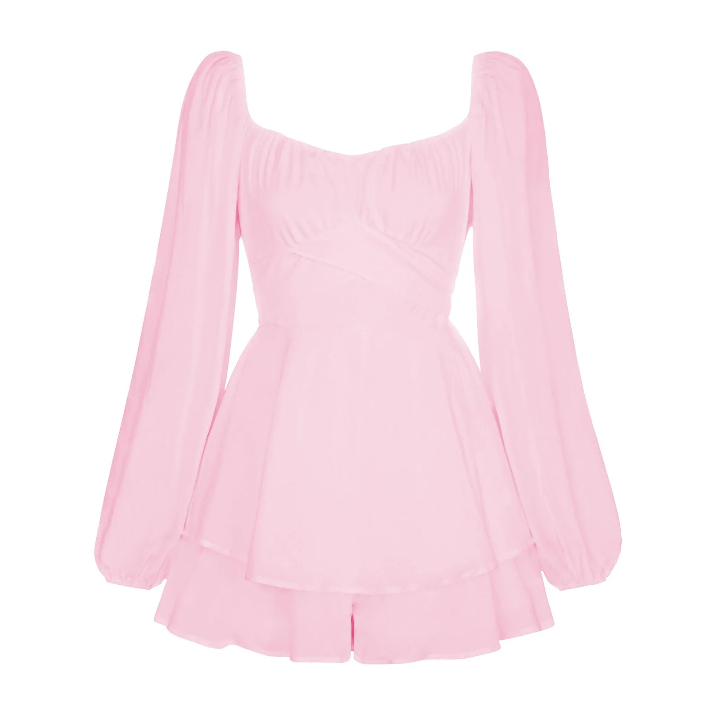 Julia Fashion - Solid Color Lantern Sleeve Ruffled Shorts Women's Mini Dress