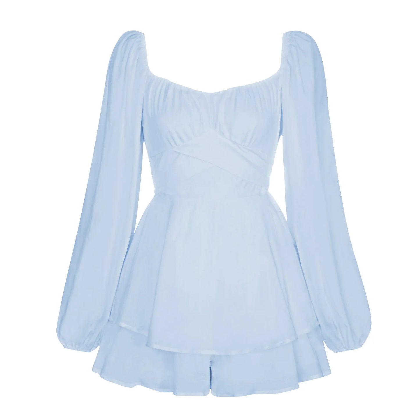 Julia Fashion - Solid Color Lantern Sleeve Ruffled Shorts Women's Mini Dress