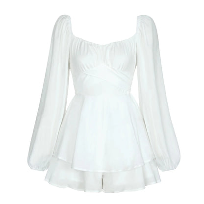 Julia Fashion - Solid Color Lantern Sleeve Ruffled Shorts Women's Mini Dress