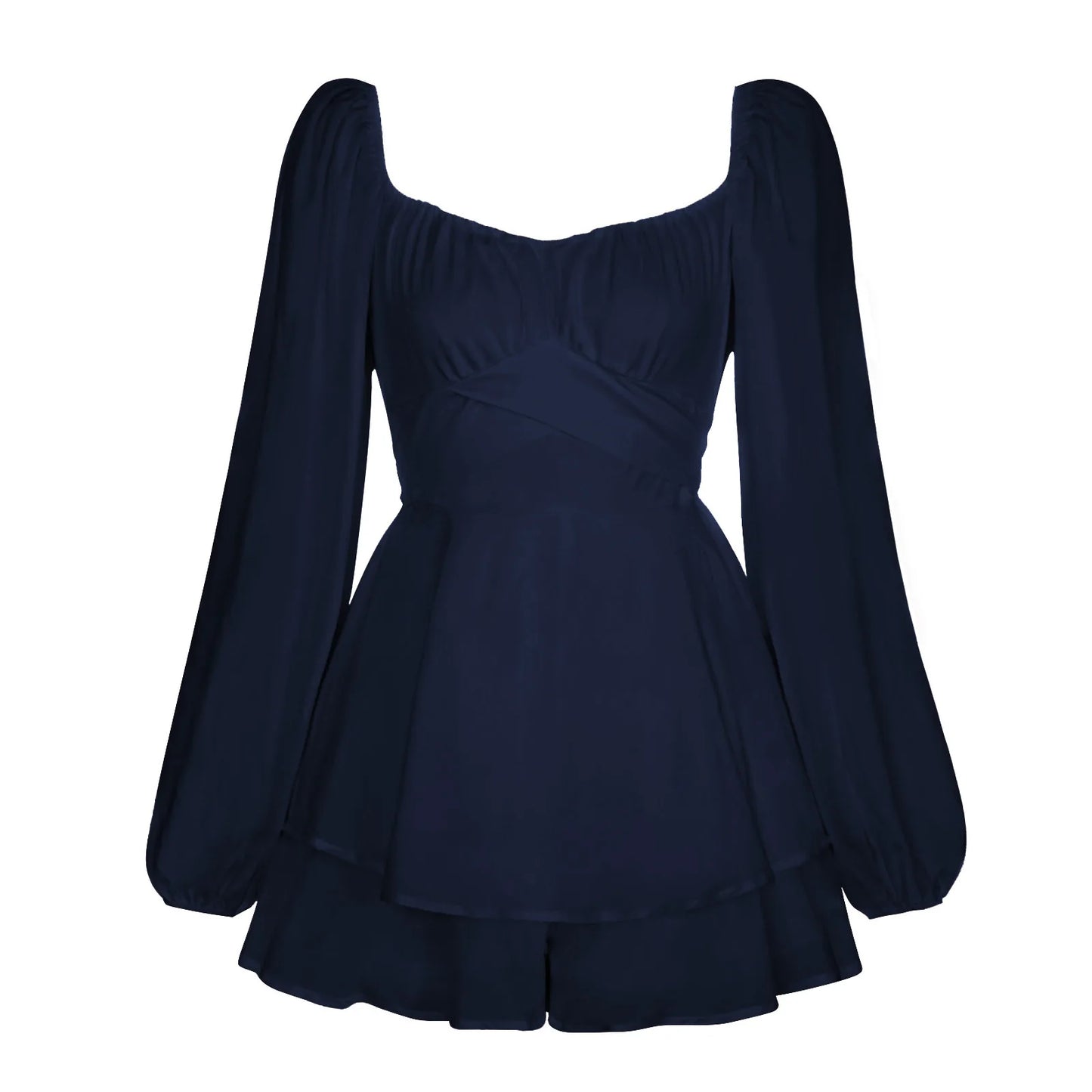 Julia Fashion - Solid Color Lantern Sleeve Ruffled Shorts Women's Mini Dress
