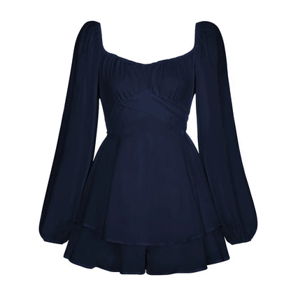 Julia Fashion - Solid Color Lantern Sleeve Ruffled Shorts Women's Mini Dress