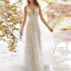 JuliaFashion - Evening Wedding Bridal Embroidery Gown V-Neck Sleeveless Mesh Lace Simple Backless Long Elegant Party Dress
