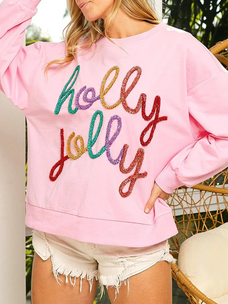 Fall Sequin Letter Pattern Long Sleeve Round Neck Loose Christmas Hoodie Hoodies-L