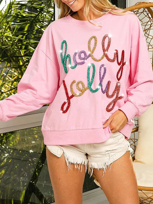 Fall Sequin Letter Pattern Long Sleeve Round Neck Loose Christmas Hoodie Hoodies-L
