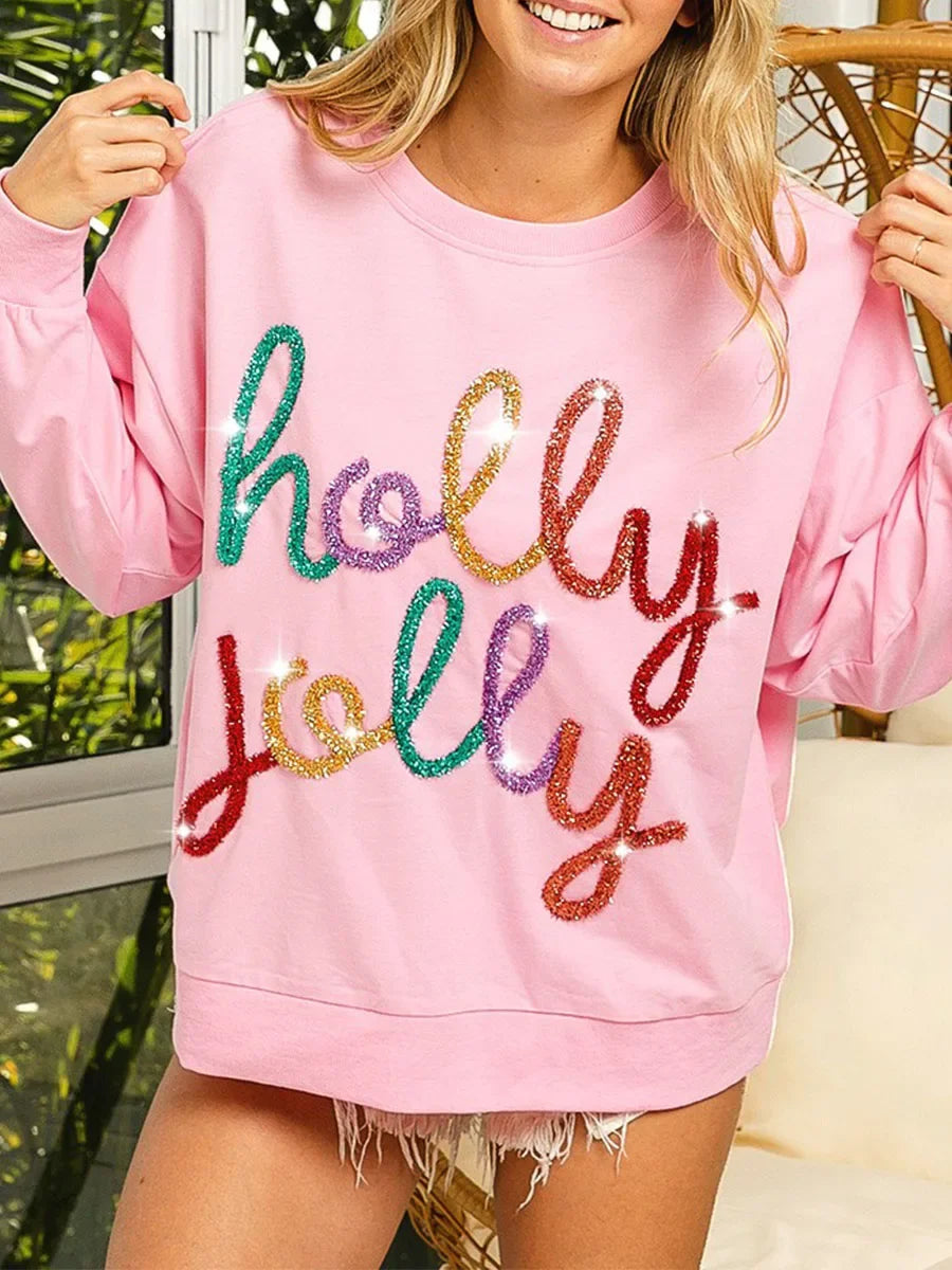 Fall Sequin Letter Pattern Long Sleeve Round Neck Loose Christmas Hoodie Hoodies-L