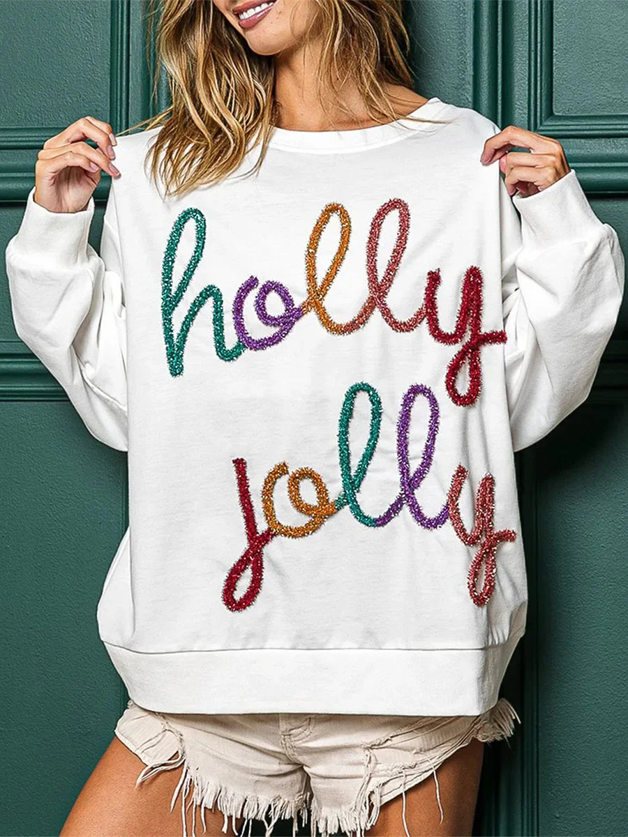 Fall Sequin Letter Pattern Long Sleeve Round Neck Loose Christmas Hoodie Hoodies-L
