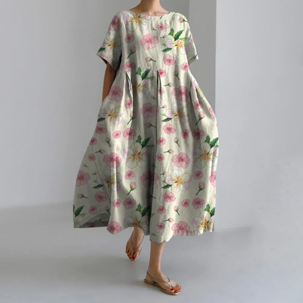 Exquisite 3D Floral Print Short Sleeve Midi Evening Dress green1 / S oldfloraldress-250126