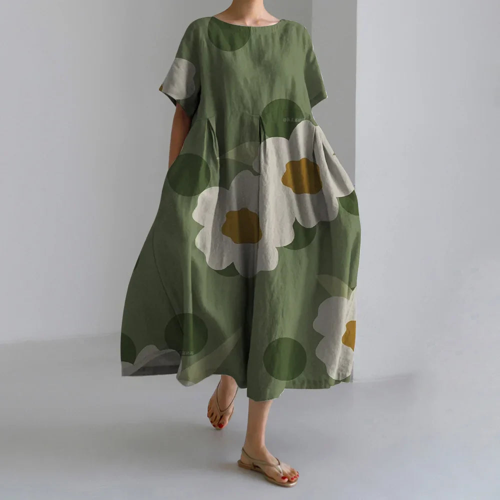 Exquisite 3D Floral Print Short Sleeve Midi Evening Dress green2 / S oldfloraldress-250126