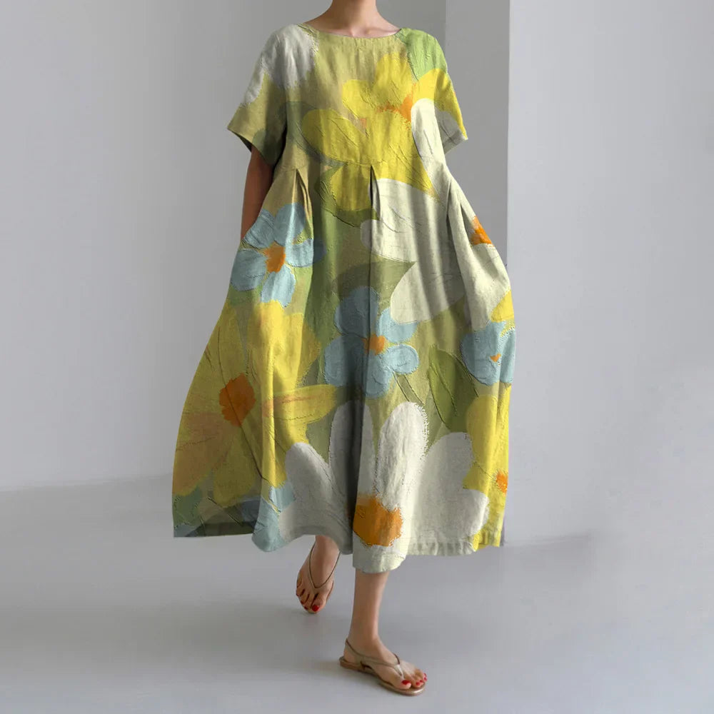 Exquisite 3D Floral Print Short Sleeve Midi Evening Dress yellow1 / S oldfloraldress-250126