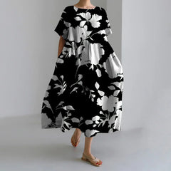 Exquisite 3D Floral Print Short Sleeve Midi Evening Dress black1 / S oldfloraldress-250126