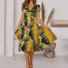 JuliaFashion - Women's Floral Summer Wrap V Neck Casual Bohemian Ruffle Swing A Line Beach Long Embroide Swing Tunic Dress