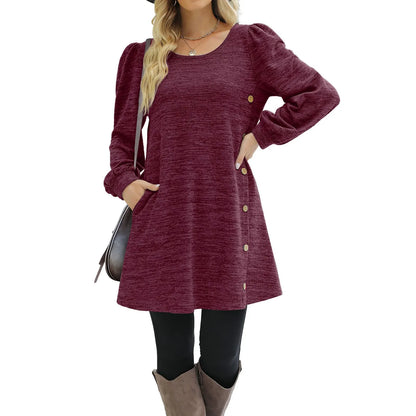 JuliaFashion - Women's Long Sleeve Fashion Button Side Scoop Neck Autumn Women Solid Color Tunic Pockets Casual Mini Dress